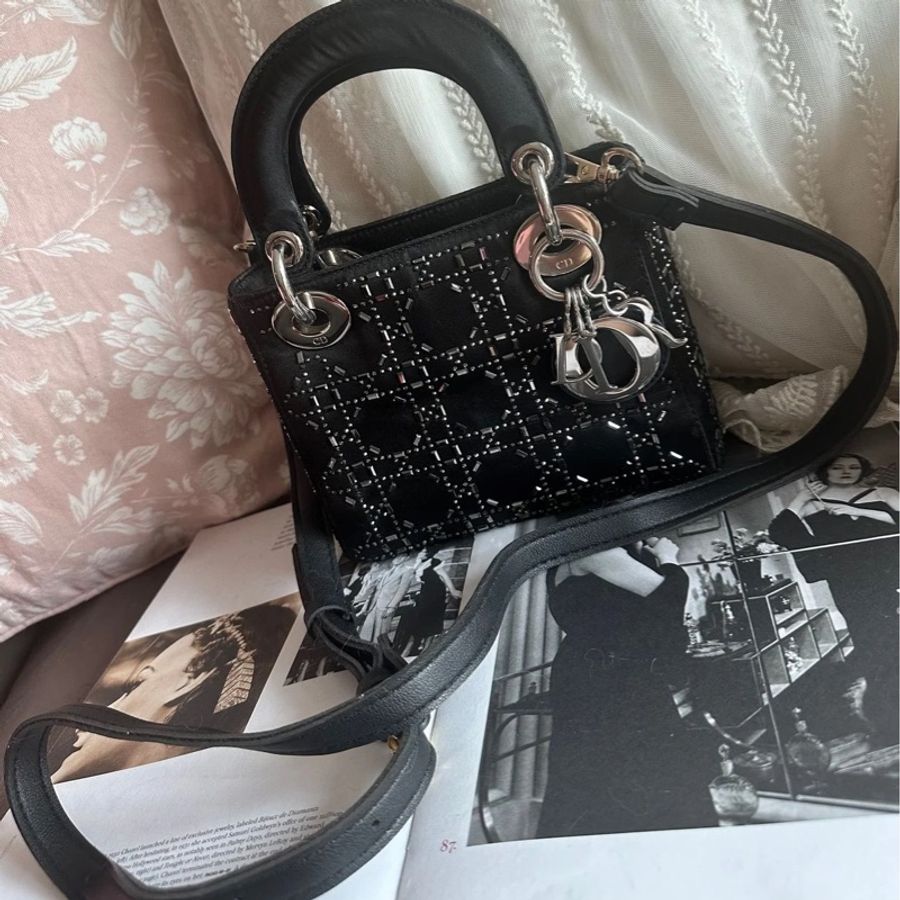 迪奧經典迷你手袋 三格戴妃包  滿天星限定款 黑色 手提包 斜挎包   Christian Dior Dior Mini Lady Dior Bag Black Strass Cannage Satin bag 斜背側背 水鑽-0