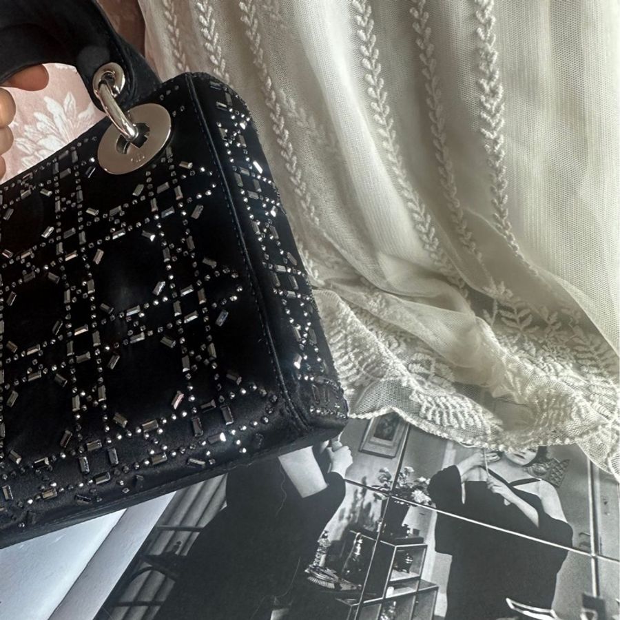 迪奧經典迷你手袋 三格戴妃包  滿天星限定款 黑色 手提包 斜挎包   Christian Dior Dior Mini Lady Dior Bag Black Strass Cannage Satin bag 斜背側背 水鑽-16