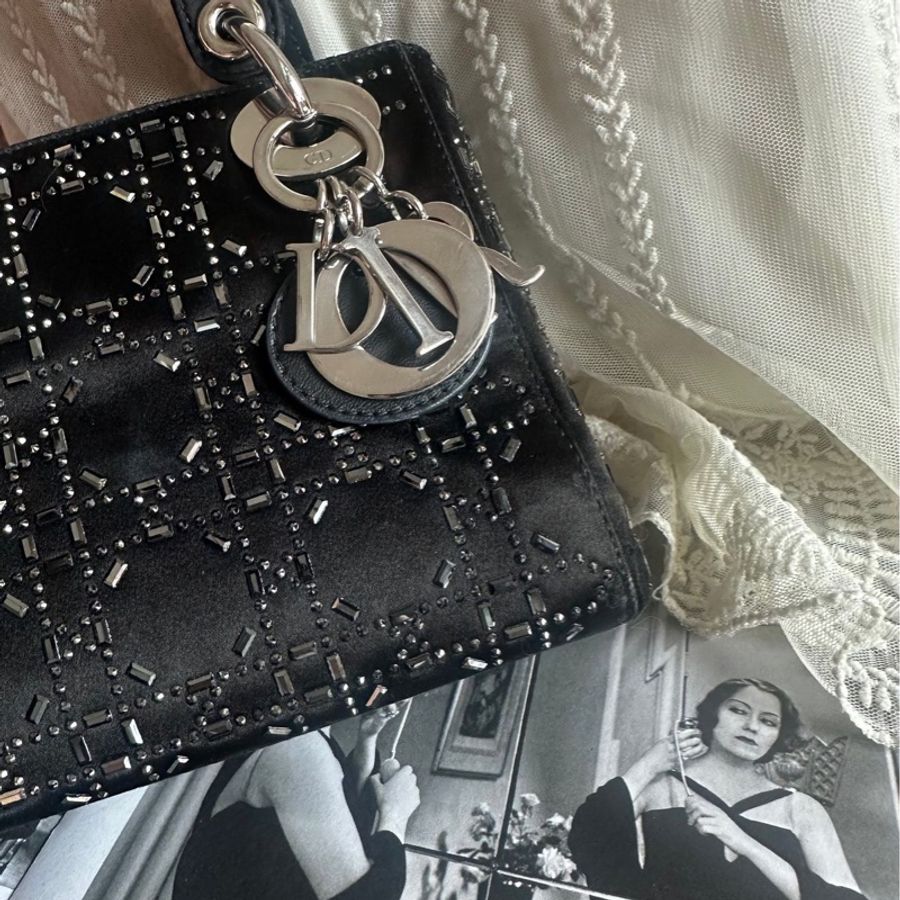 迪奧經典迷你手袋 三格戴妃包  滿天星限定款 黑色 手提包 斜挎包   Christian Dior Dior Mini Lady Dior Bag Black Strass Cannage Satin bag 斜背側背 水鑽-23