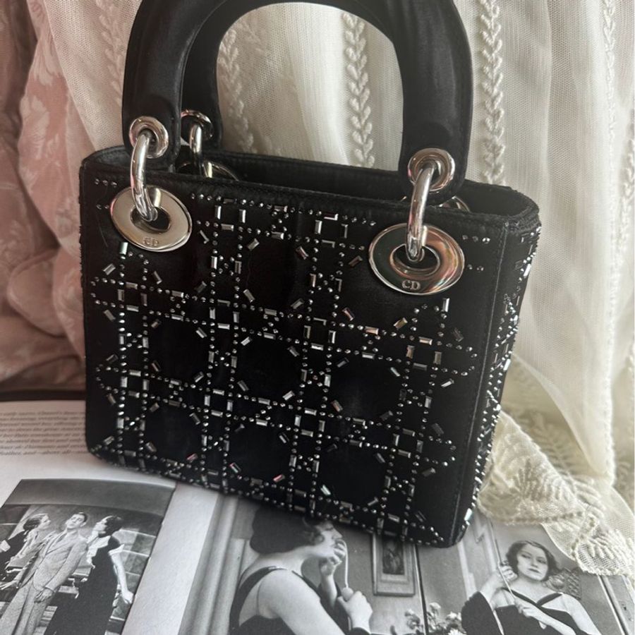 迪奧經典迷你手袋 三格戴妃包  滿天星限定款 黑色 手提包 斜挎包   Christian Dior Dior Mini Lady Dior Bag Black Strass Cannage Satin bag 斜背側背 水鑽-26