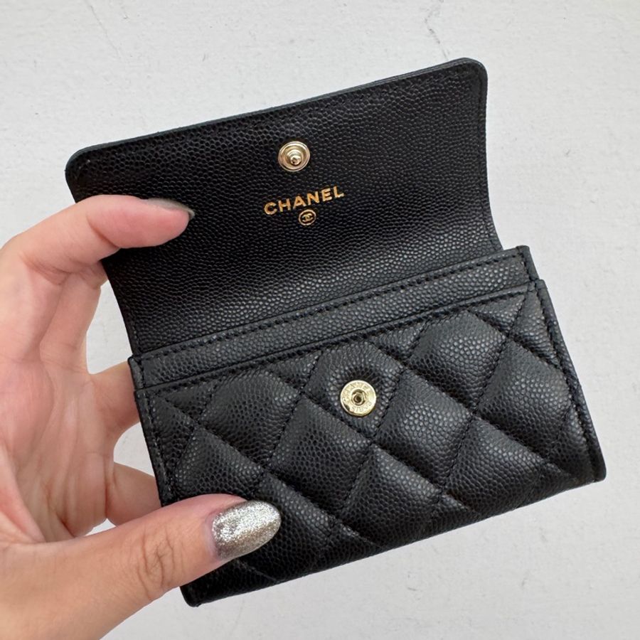 Chanel 黑荔枝皮淡金釦卡包 閒置品 晶片款-5