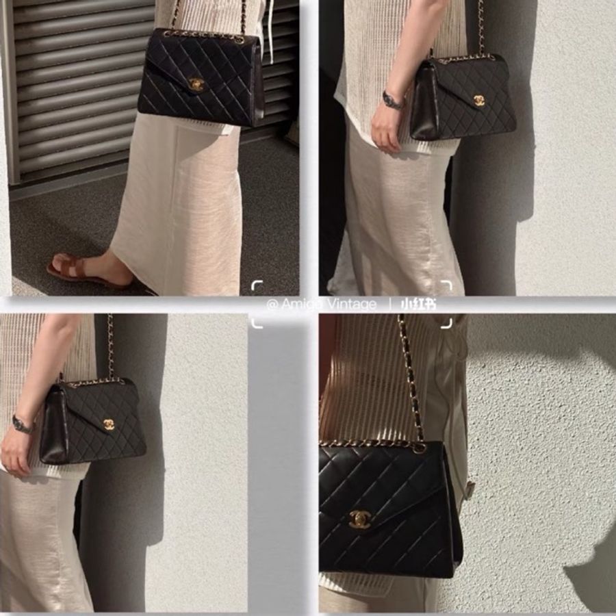 CHANEL 香奈兒 vintage 黑金 CF 荔枝牛皮 鏈條包 斜背包 肩背包 側背包 手提包-3