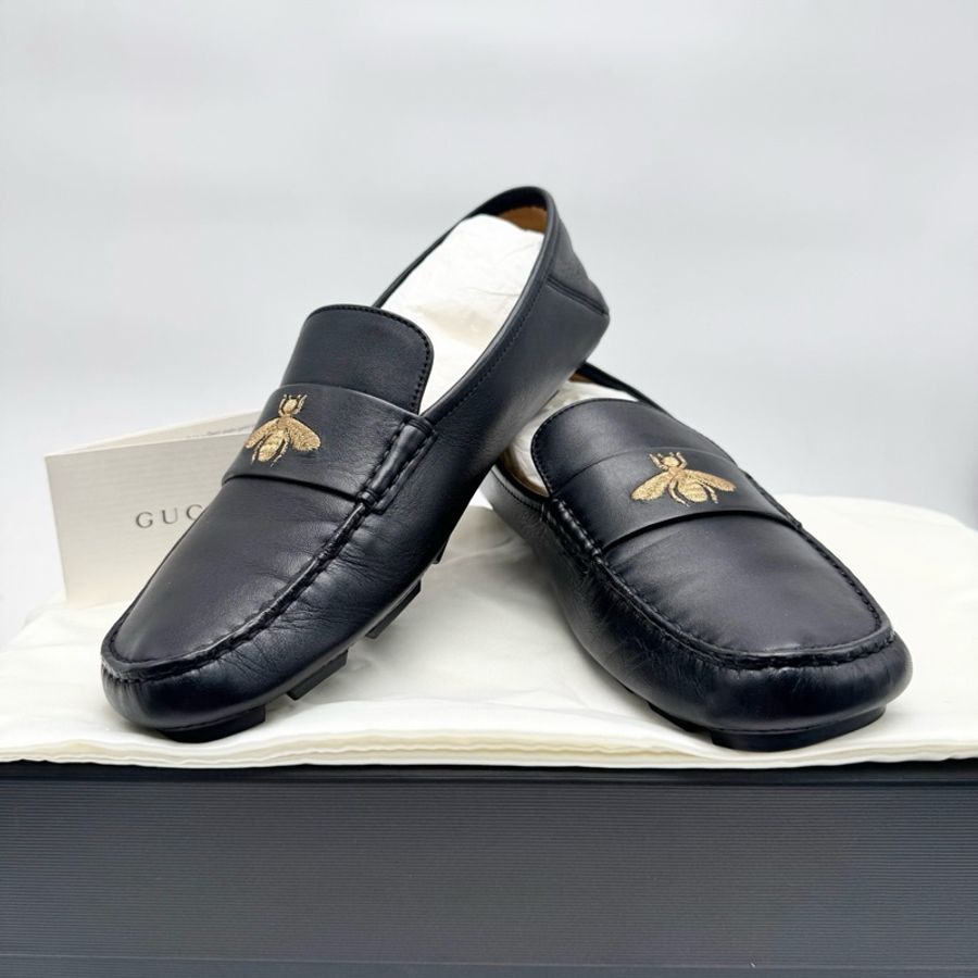 GUCCI/古馳 蜜蜂印花時尚樂福鞋平底鞋，7碼 附件：塵袋-0