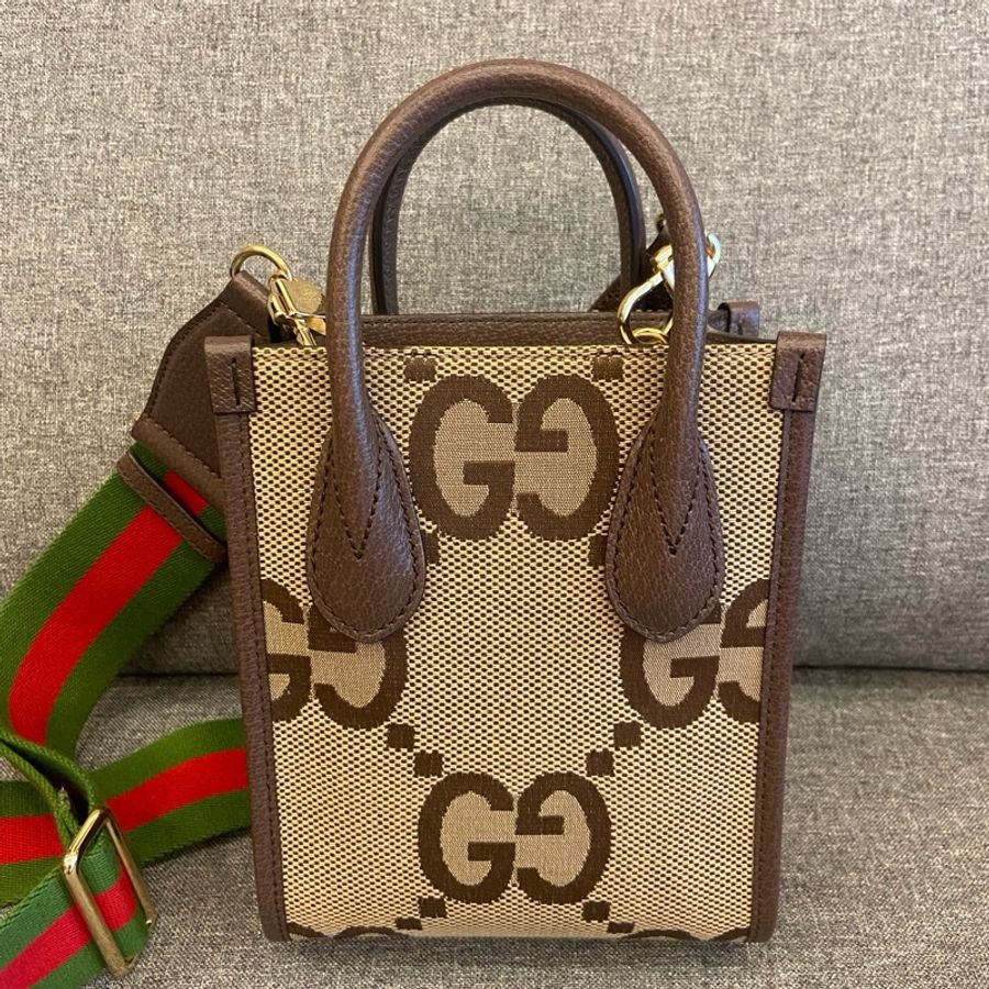 GUCCI Jumbo GG Logo 緹花布及皮革迷你二用托特包(棕色)-0