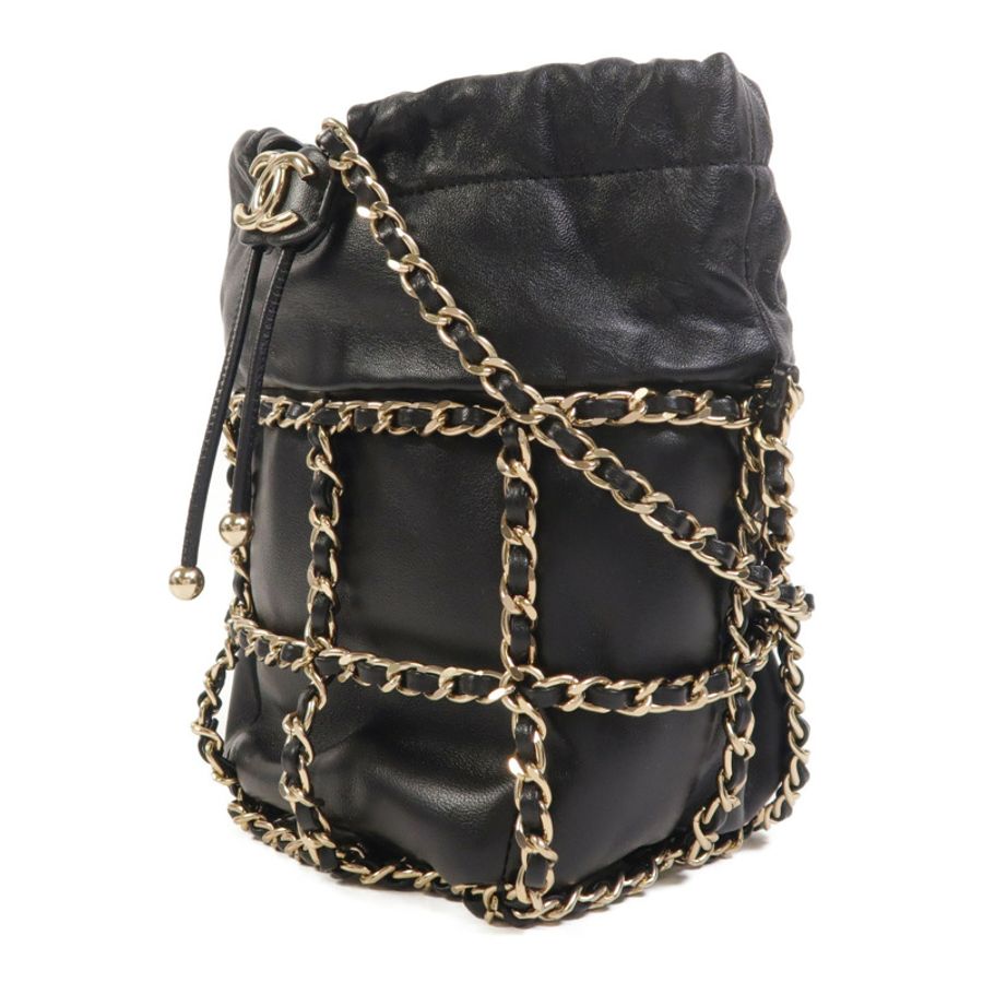 CHANEL 羊皮皮革Drawstring Bag金扣鏈帶肩背袋-2