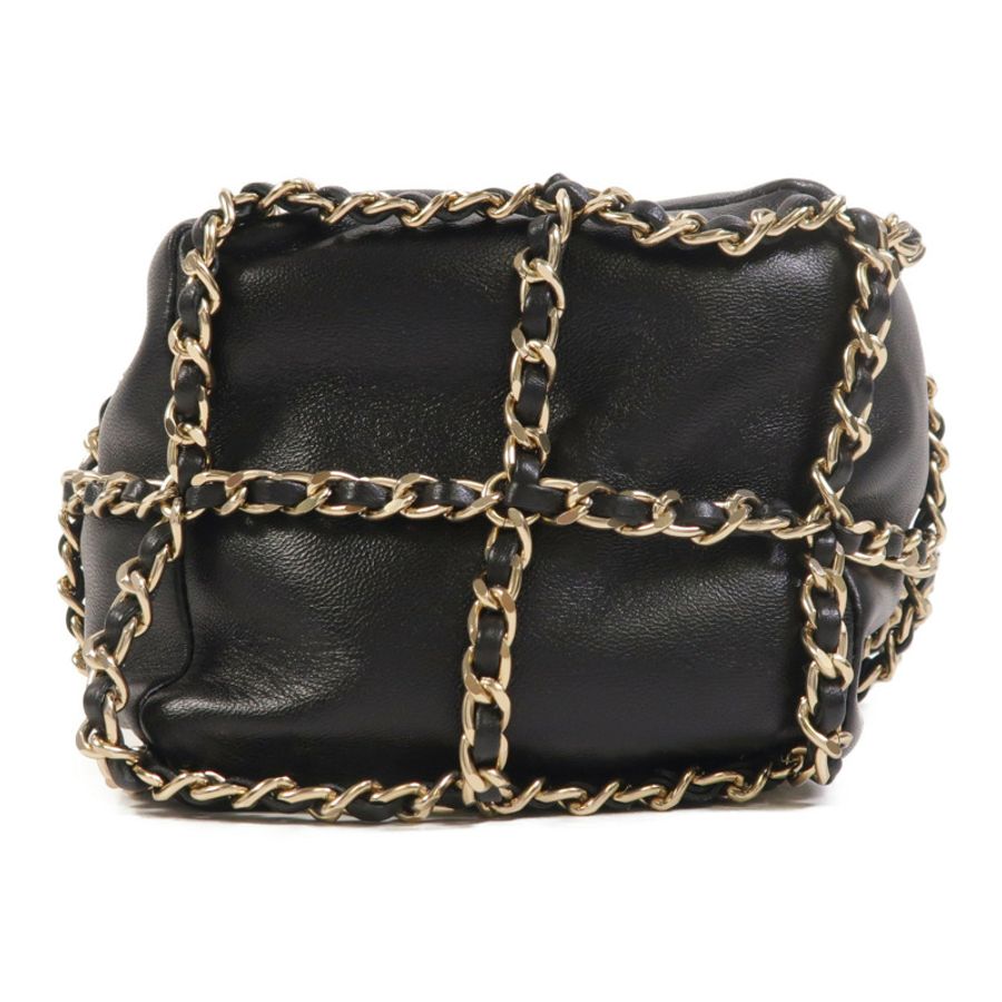 CHANEL 羊皮皮革Drawstring Bag金扣鏈帶肩背袋-3