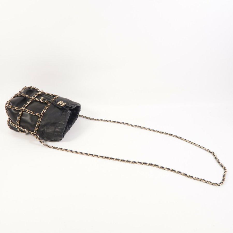 CHANEL 羊皮皮革Drawstring Bag金扣鏈帶肩背袋-9