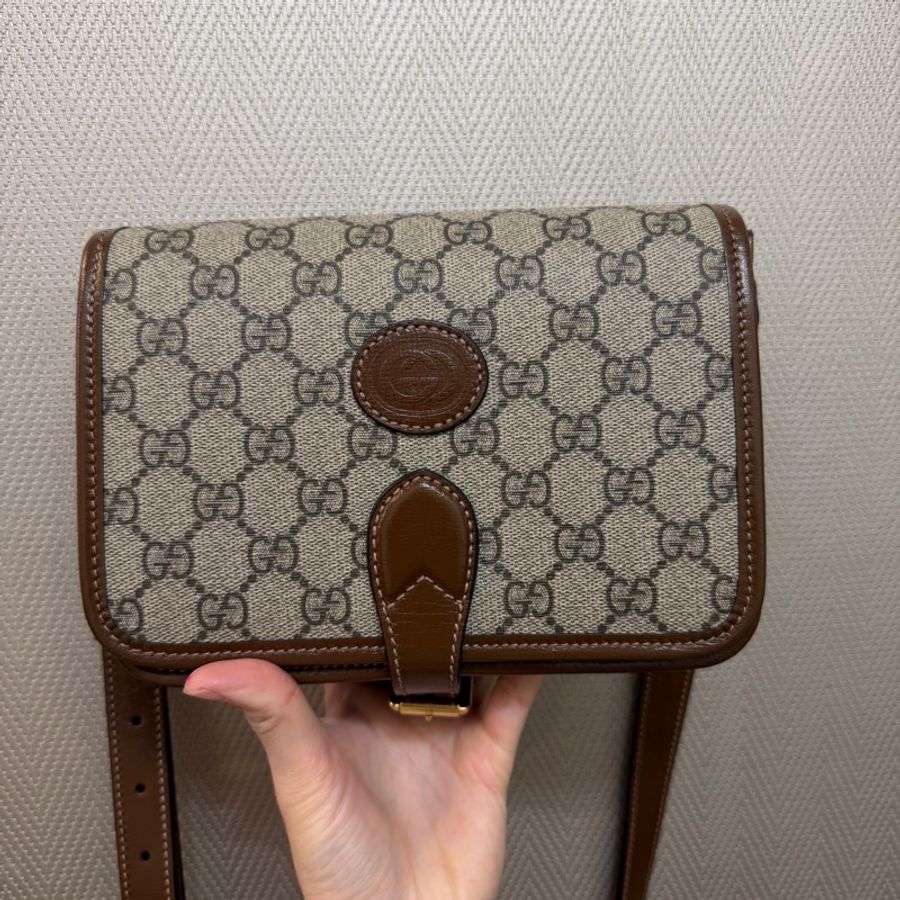 Gucci PVC咖牛皮金釦雙層磁吸斜背包-0