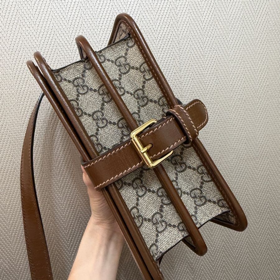 Gucci PVC咖牛皮金釦雙層磁吸斜背包-8
