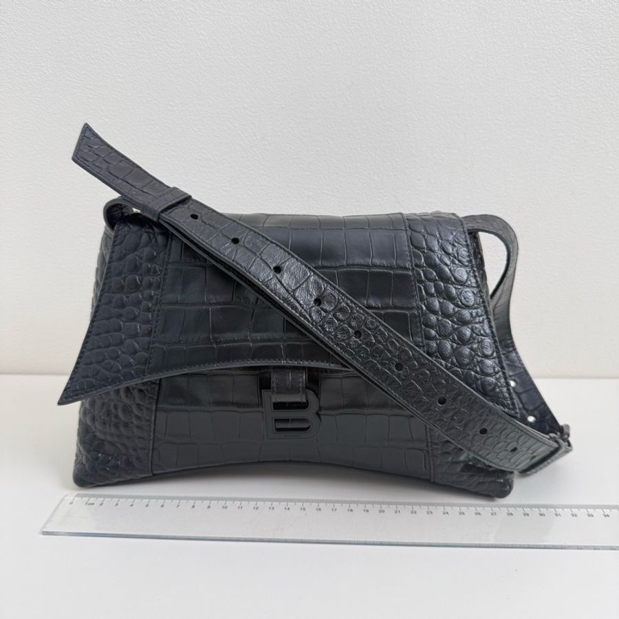 巴黎世家/Balenciaga Downtown黑色鰐魚紋壓花牛皮革單肩包-1