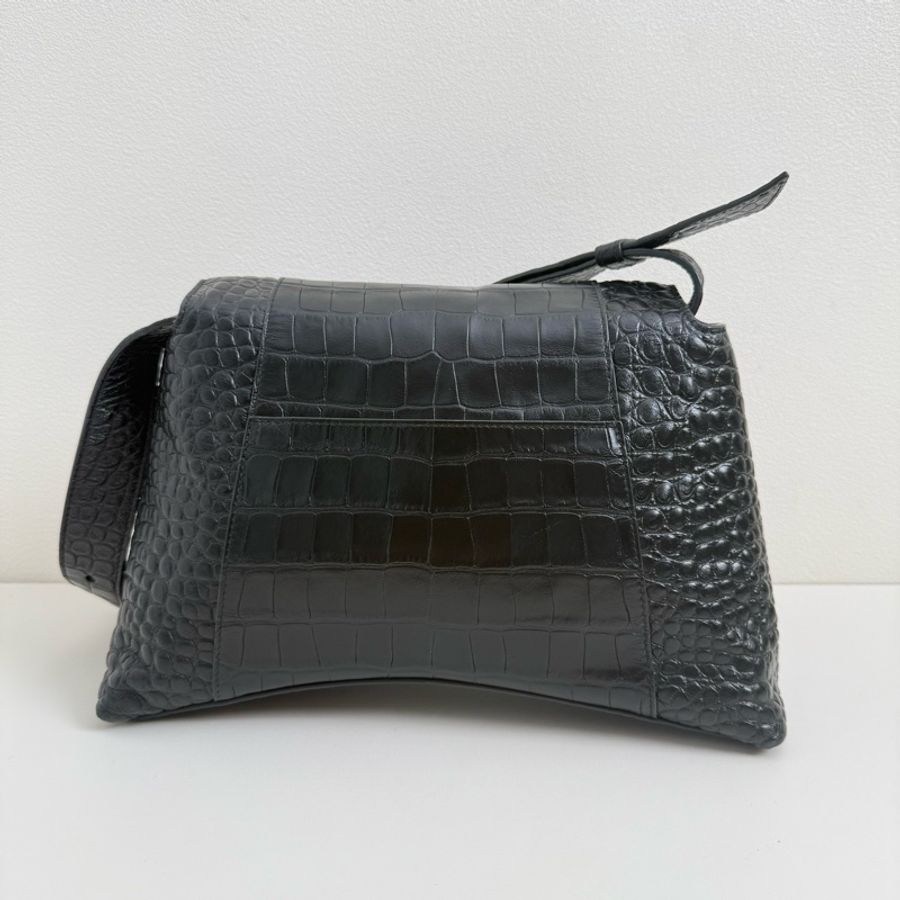 巴黎世家/Balenciaga Downtown黑色鰐魚紋壓花牛皮革單肩包-2