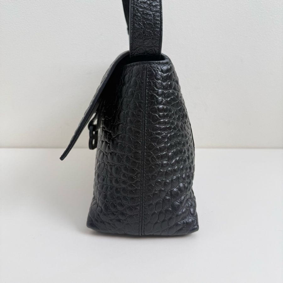 巴黎世家/Balenciaga Downtown黑色鰐魚紋壓花牛皮革單肩包-3