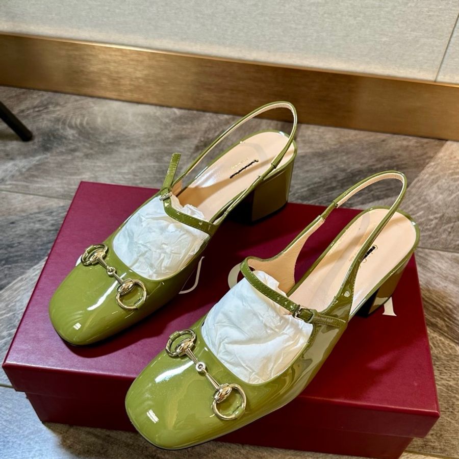 全新 未使用Gucci 古馳 新款金色馬銜扣漆皮瑪麗珍包頭涼鞋 跟高5cm 上腳舒適百搭38碼-1
