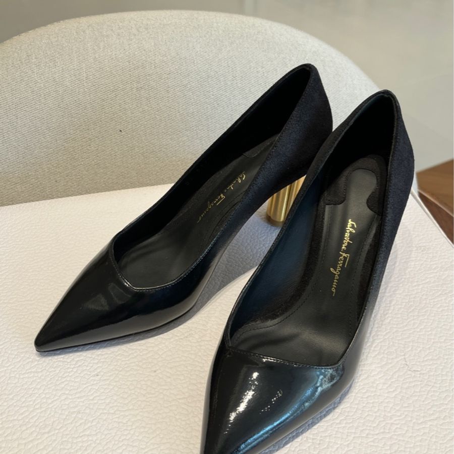Salvatore Ferragamo菲拉格慕黑色拼皮尖頭高跟鞋36碼-2