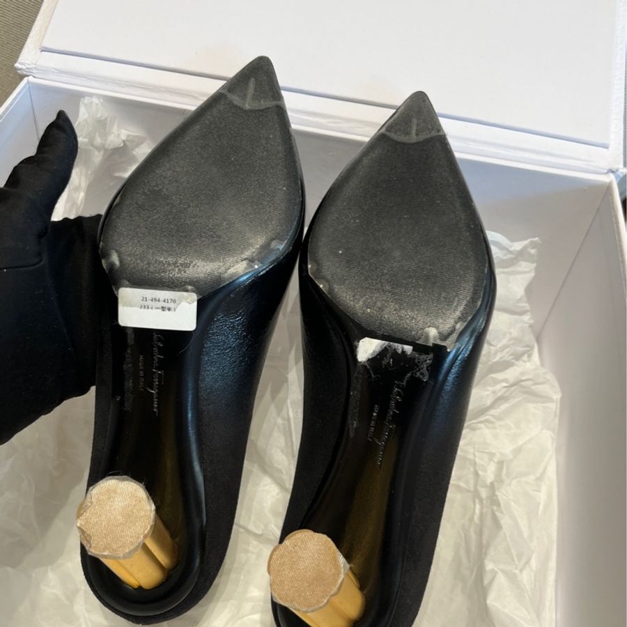 Salvatore Ferragamo菲拉格慕黑色拼皮尖頭高跟鞋36碼-8