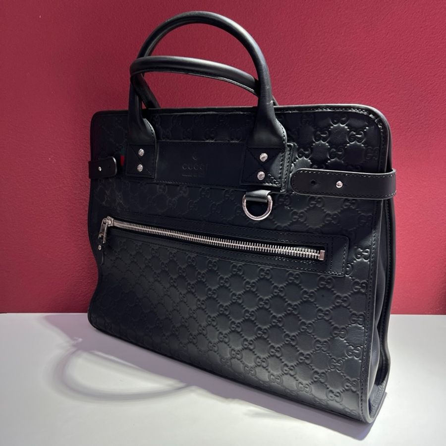 古馳/Gucci 經典老花黑色壓印 黑色牛皮公文包 手提包 尺寸:42 x 9 x 32 cm-2