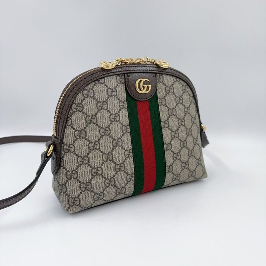 GUCCI老花拼咖啡色皮革綠紅綠織帶OPHIDIA貝殼包499621-2
