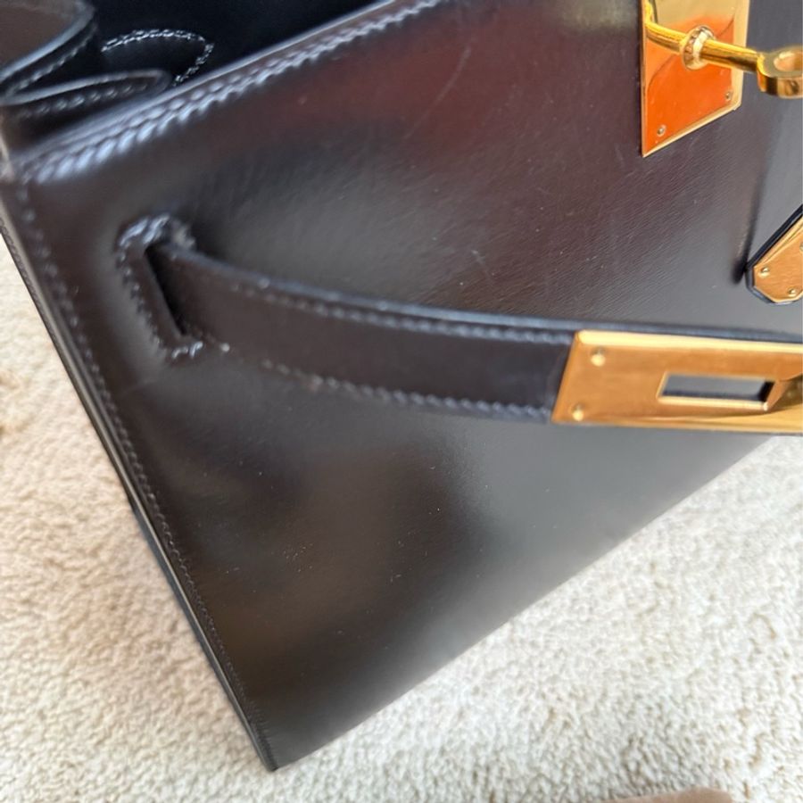 Vintage愛馬仕凱莉包 外縫Kelly 28 黑金 box 配件齊全-14