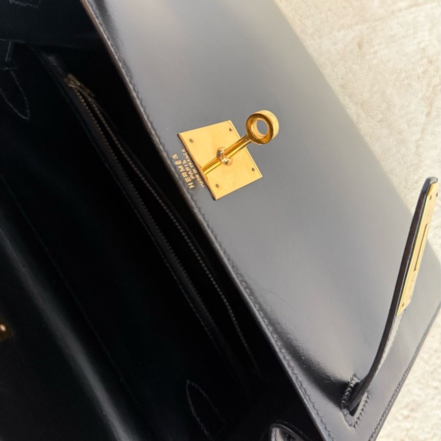 Vintage愛馬仕凱莉包 外縫Kelly 28 黑金 box 配件齊全-17