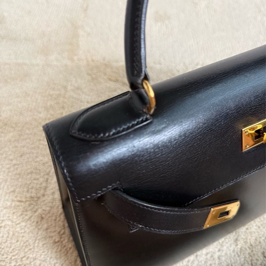 Vintage愛馬仕凱莉包 外縫Kelly 28 黑金 box 配件齊全-20