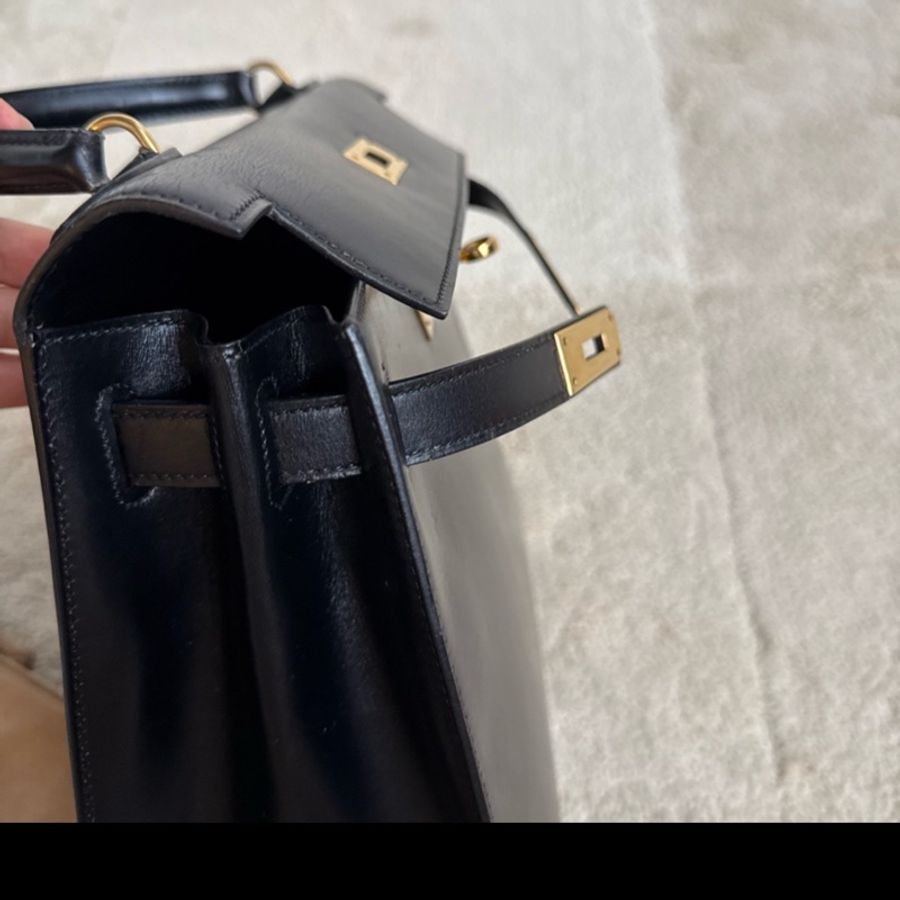 Vintage愛馬仕凱莉包 外縫Kelly 28 黑金 box 配件齊全-4