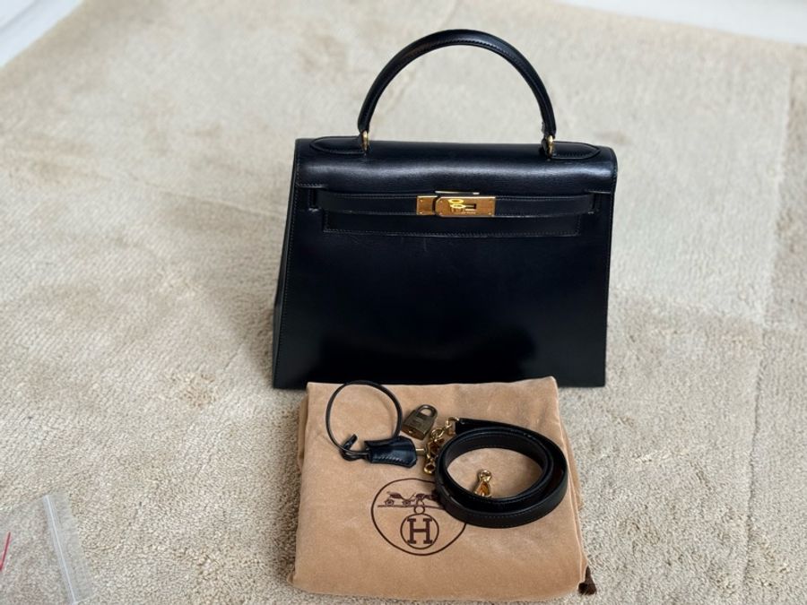 Vintage愛馬仕凱莉包 外縫Kelly 28 黑金 box 配件齊全-5