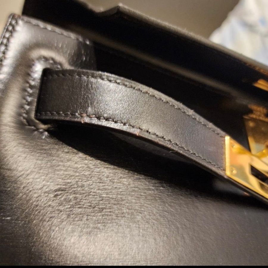 Vintage愛馬仕凱莉包 外縫Kelly 28 黑金 box 配件齊全-37