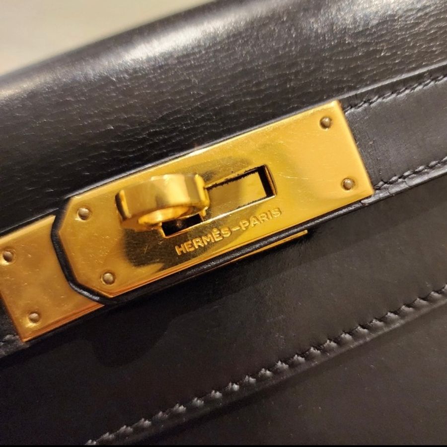 Vintage愛馬仕凱莉包 外縫Kelly 28 黑金 box 配件齊全-39