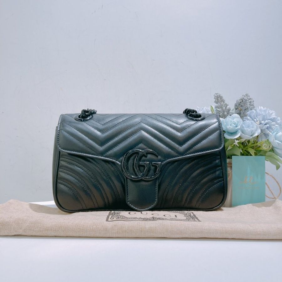 TW4788  Gucci 古馳 全黑Logo單肩/斜背袋GG Marmont Medium Shoulder Bag So Black-16