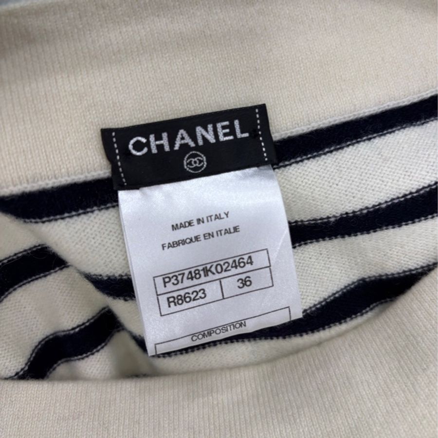 Chanel 香奈兒一字肩鏈條條紋羊絨毛衣上衣 36碼-4