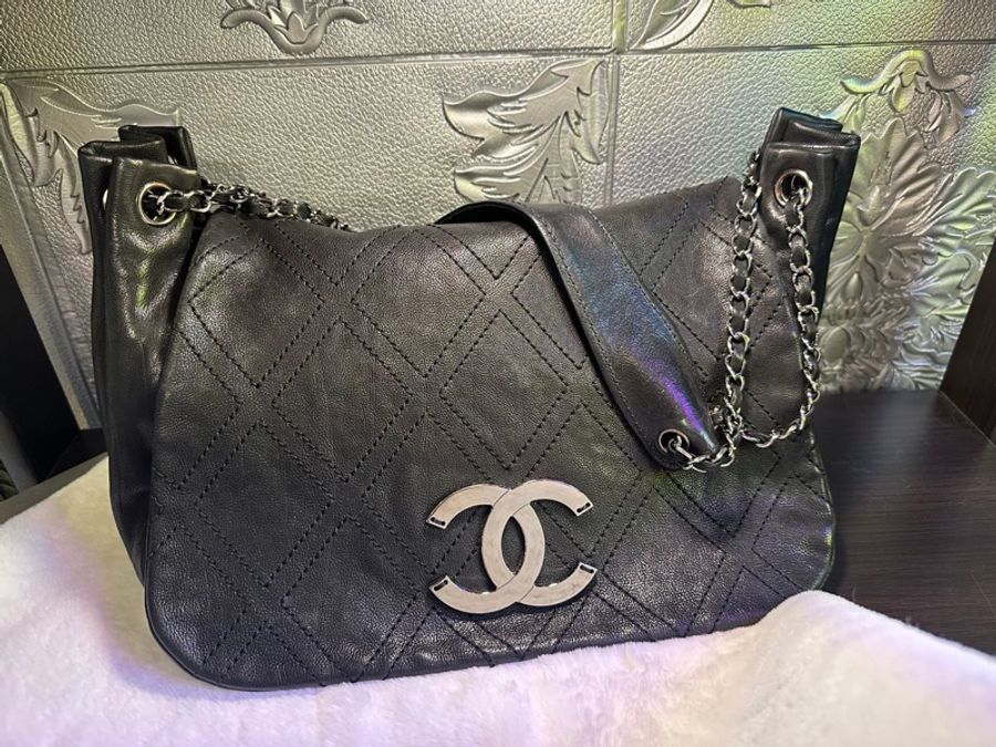 香奈兒單蓋包 黑色菱格紋 大CC Logo鍊條包 鏈條包 肩背包 腋下包 香奈兒 黑色牛皮 中古包 二手包 chanel black calf leather flap chain bag phw-0