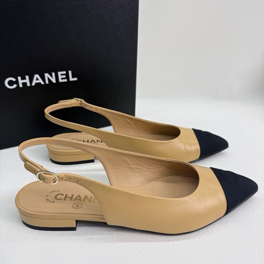 Chanel 香奈兒 米色皮面拼接米黑色 貓跟鞋 37.5碼-4