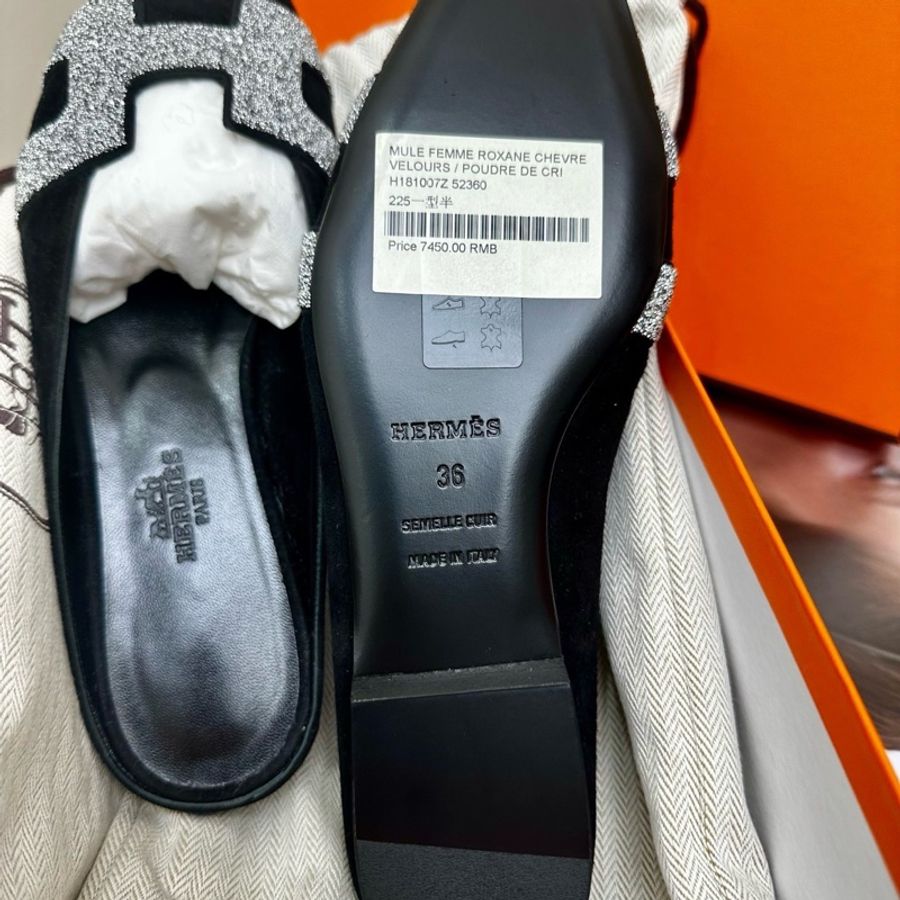 閒置新 未使用愛馬仕/Hermès H銀色鑽黑色穆勒拖半拖,36碼-3