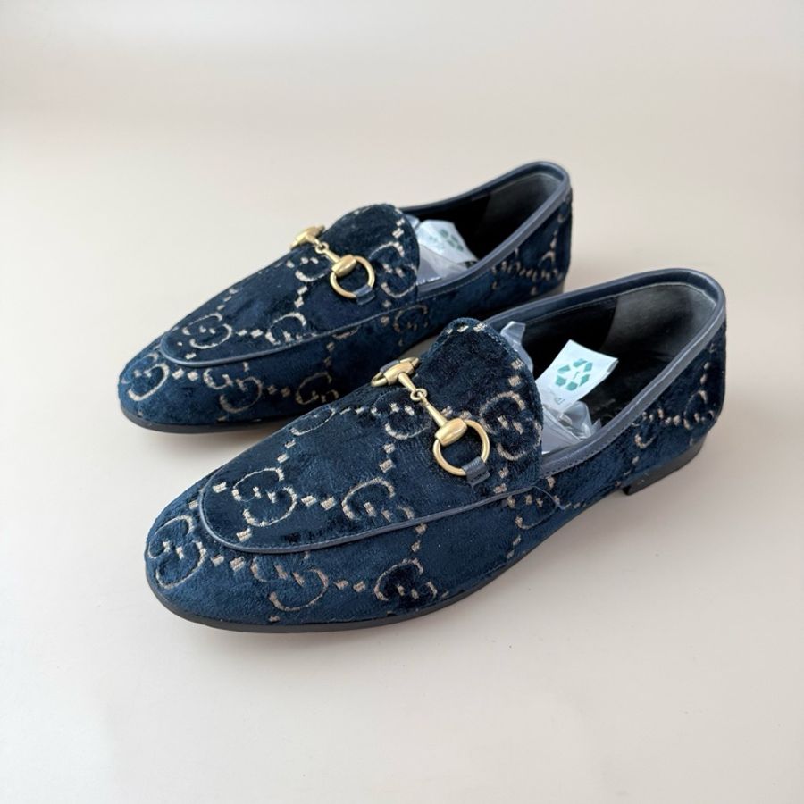 GUCCI/古驰 丝绒双G深蓝低跟鞋 36码 98新 品相不错-0
