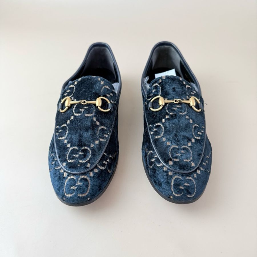 GUCCI/古驰 丝绒双G深蓝低跟鞋 36码 98新 品相不错-1