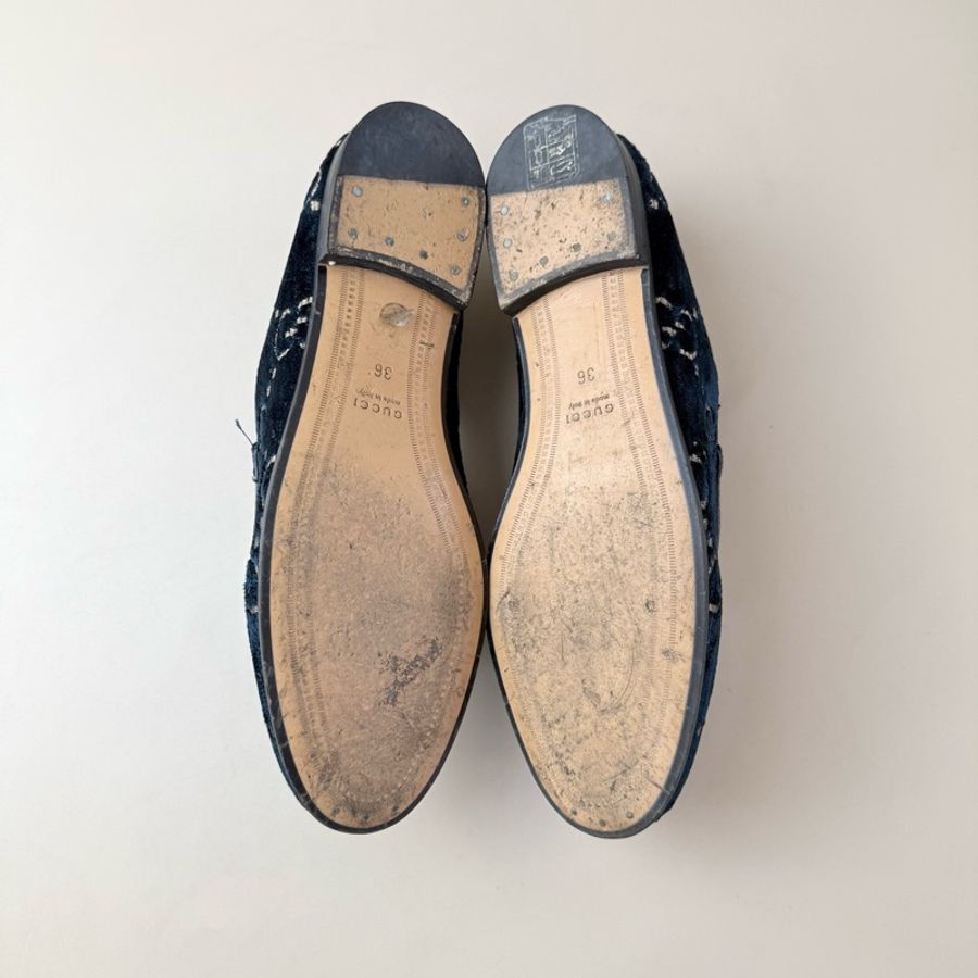 GUCCI/古驰 丝绒双G深蓝低跟鞋 36码 98新 品相不错-7