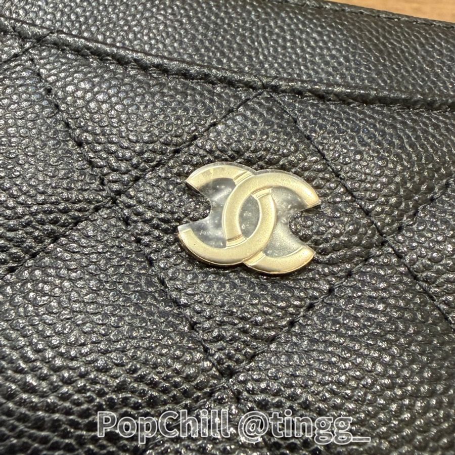 Chanel 黑荔枝牛皮菱格紋金釦拉鍊吐司零錢卡包AP2061-6