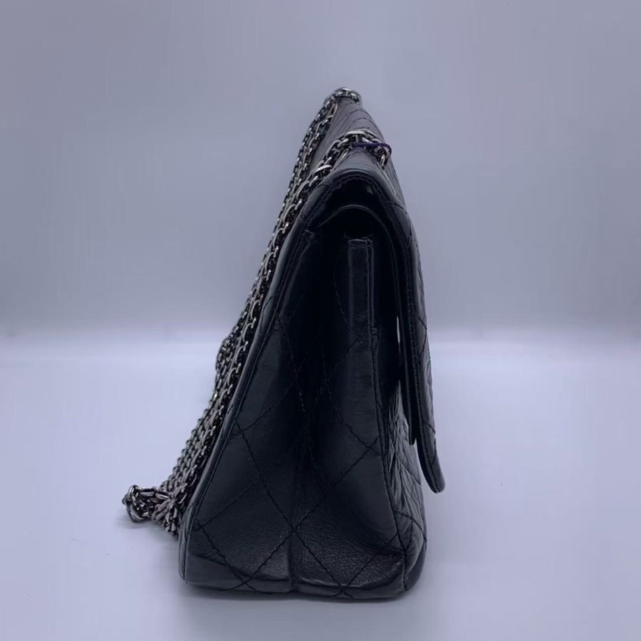 二手Chanel香奈兒2.55大號黑色牛皮雙蓋銀扣鏈條包，鐳射13開-3