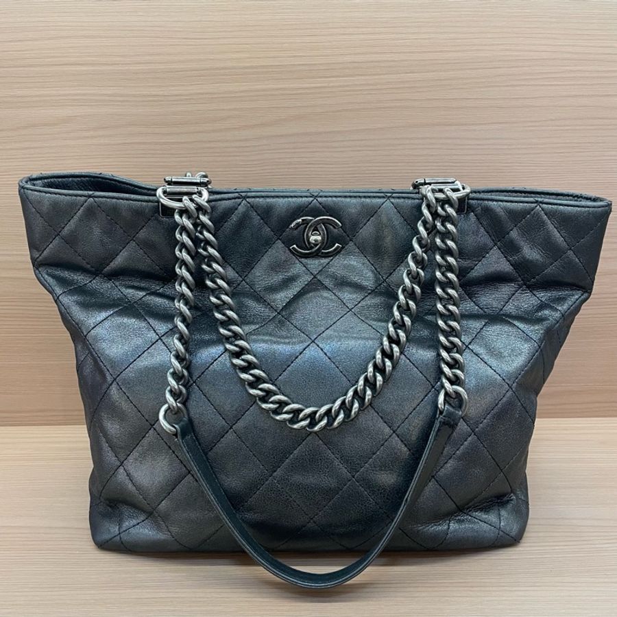 Chanel 香奈儿 TOTE 2016年 21開 黑銀色牛皮格纹单肩包手提包 有塵袋 無卡 無盒子-0