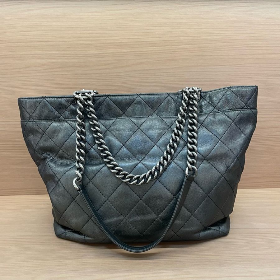 Chanel 香奈儿 TOTE 2016年 21開 黑銀色牛皮格纹单肩包手提包 有塵袋 無卡 無盒子-1
