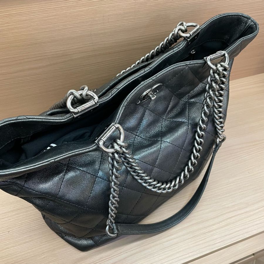 Chanel 香奈儿 TOTE 2016年 21開 黑銀色牛皮格纹单肩包手提包 有塵袋 無卡 無盒子-7