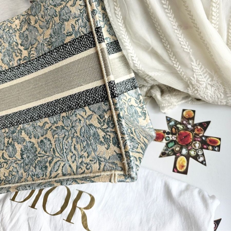 迪奧 托特包 肩背包 腋下包  手提包 閒置  帆布托特 季節限定刺繡款 CHRISTIAN DIOR CD Canvas Embroidered From the 2022 Collection by Maria Grazia Chiuri Medium Brocart Book Tote-15