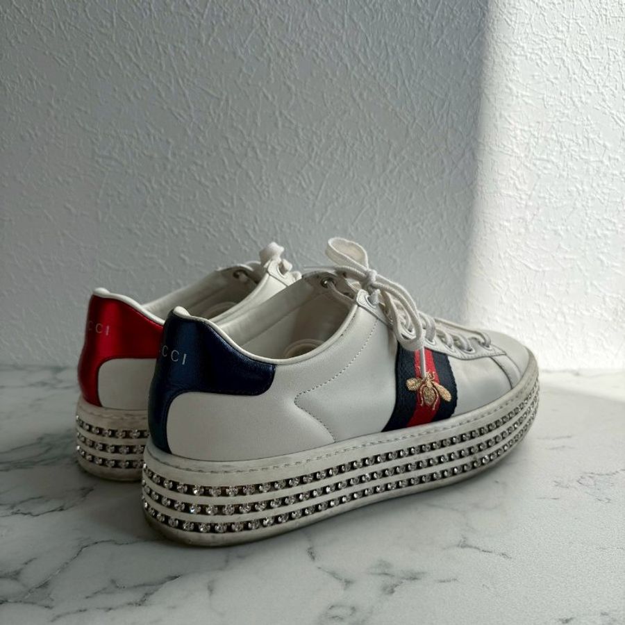 💥百搭必買款💖GUCCI 紅綠蜜蜂織帶白色滿鑽板鞋 37.5-1