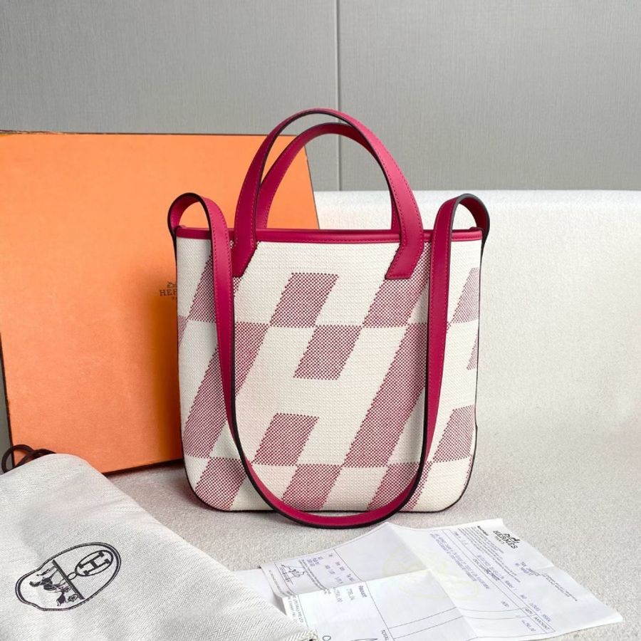 Hermes Cabas biais27 玫紅色拼米色 帆布拼皮27*24*8.5  99新配件塵袋 購證-2