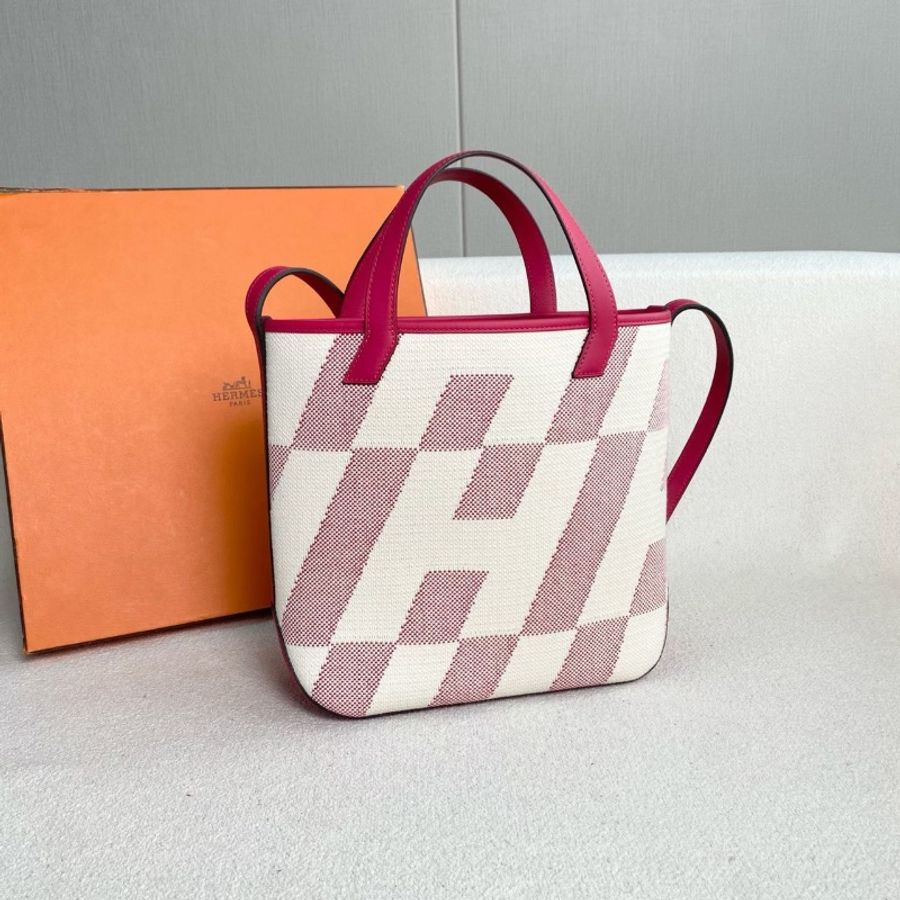 Hermes Cabas biais27 玫紅色拼米色 帆布拼皮27*24*8.5  99新配件塵袋 購證-6