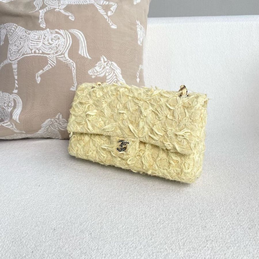 Chanel 流蘇毛呢CF中號 小雞黃 金扣25*15*7 98新配件塵袋-4