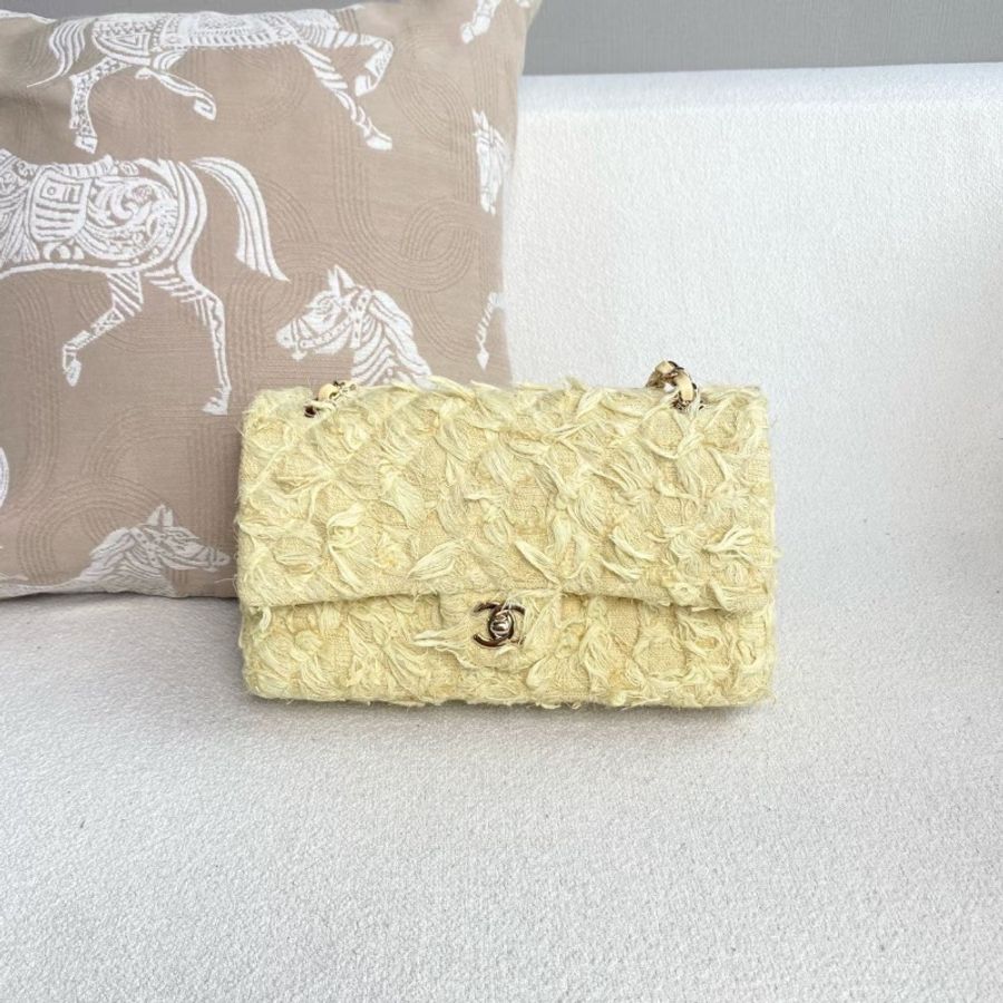 Chanel 流蘇毛呢CF中號 小雞黃 金扣25*15*7 98新配件塵袋-7