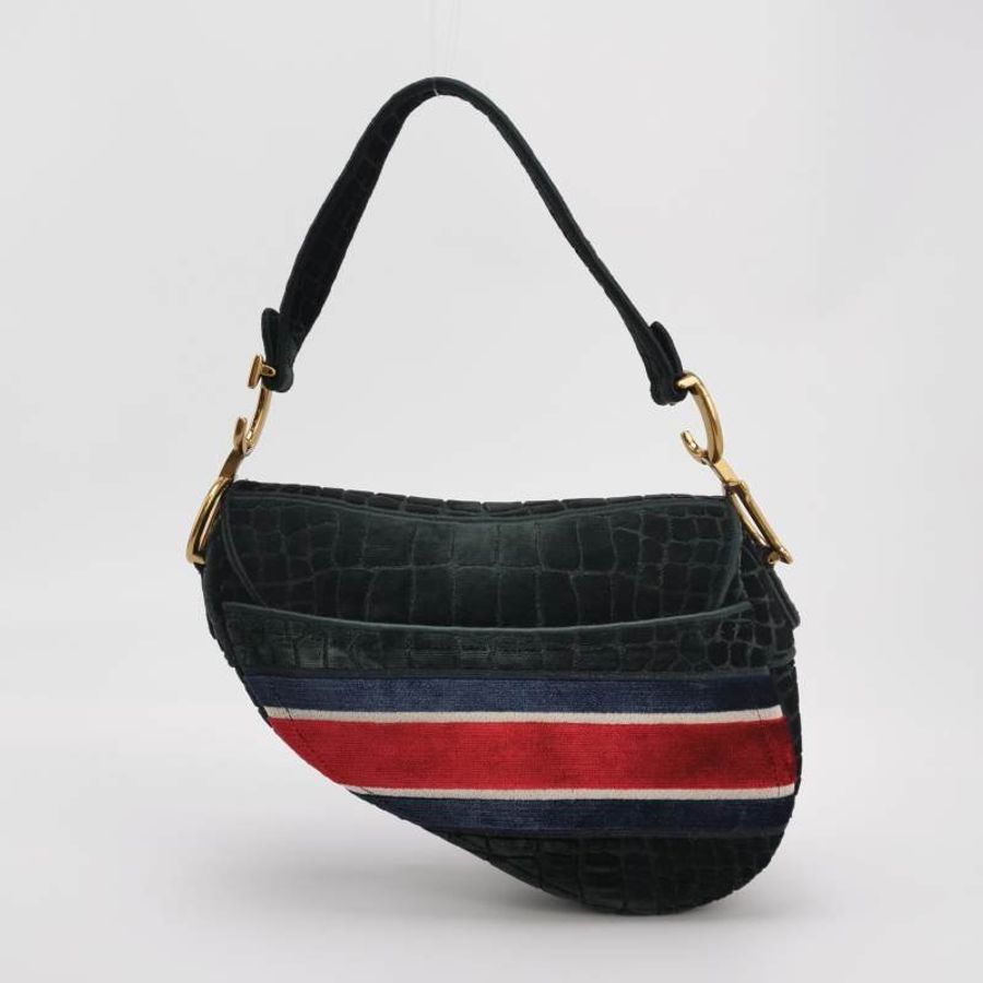Dior Saddle馬鞍包絨布拼色條紋字母Logo鱷魚紋馬鞍造型單肩包-4