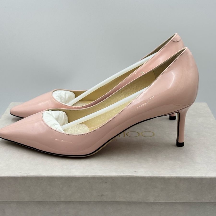 99新jimmy choo 周仰傑粉色漆皮尖頭細跟高跟鞋 37碼。-0