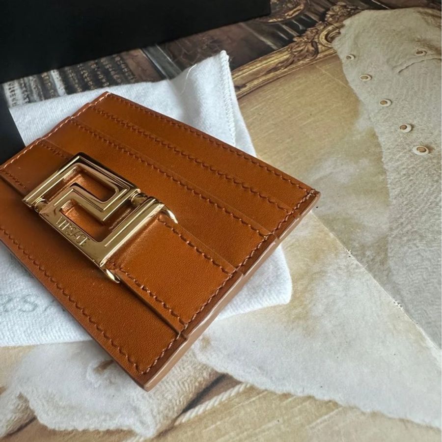 范思哲卡夾 短夾 焦糖色 大地色系 皮革 閒置 Versace gold color card holder-3